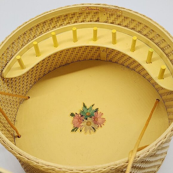 Yellow Wicker Sewing Basket Box with Lid and Spool Holder by Princess 6.25" High - Picture 3 of 11